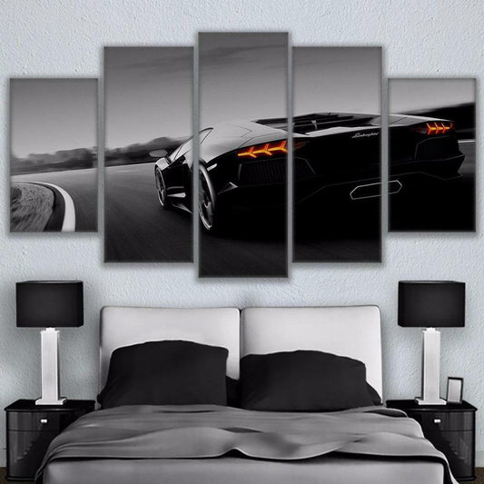 Black Luxury Lamborghini Sports Car Framed 5 Piece Canvas